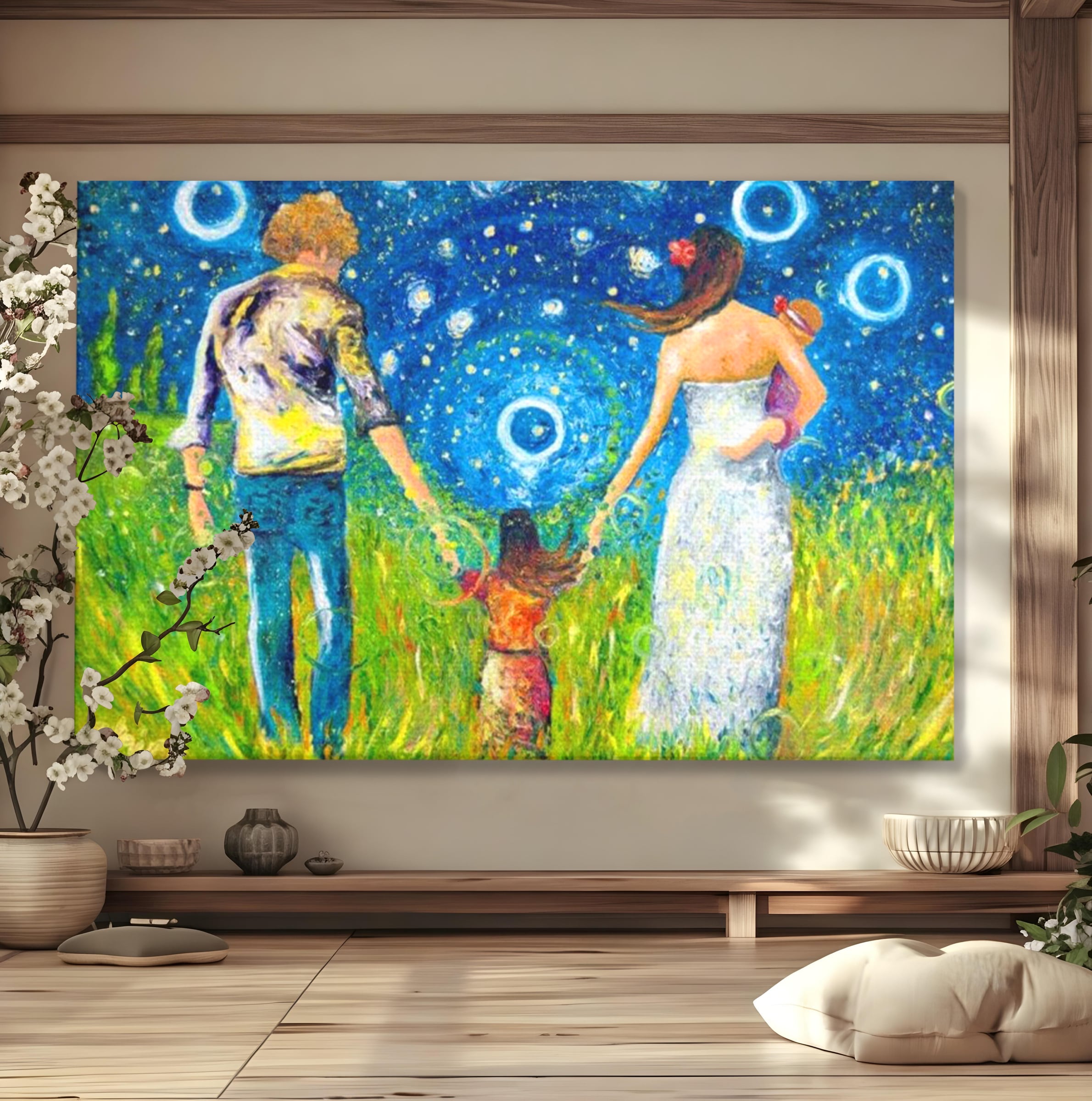 Tablou canvas cu pictura cu familie pe camp sub cer instelat, fara rama, pe sasiu de lemn